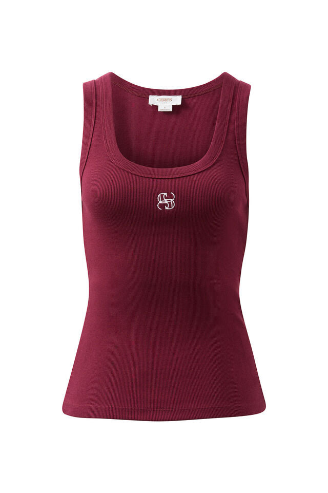 Zoe Contour Rib Scoop Tank - Pomegranate/Monogram Embroidery