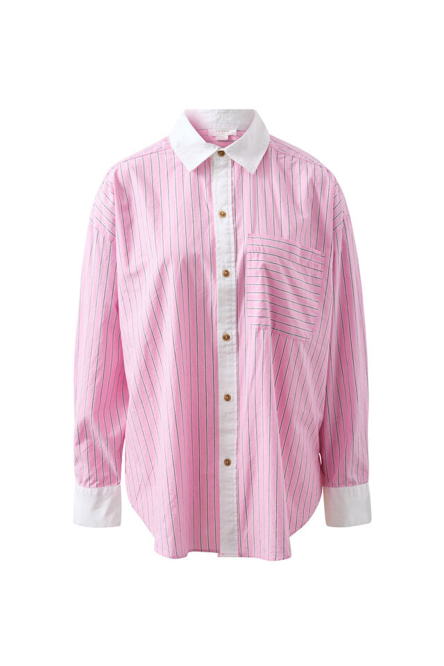 Peta Oversized Shirt - Hibiscus Pink Triple Stripe White Collar