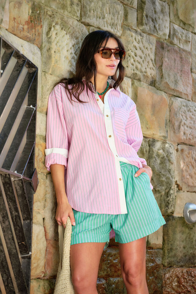 Peta Oversized Shirt - Hibiscus Pink Triple Stripe White Collar