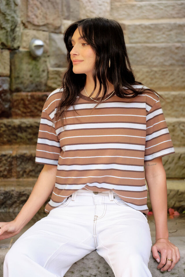 Stevie Slouchy Tee - Chalk/Choc Retro Stripe