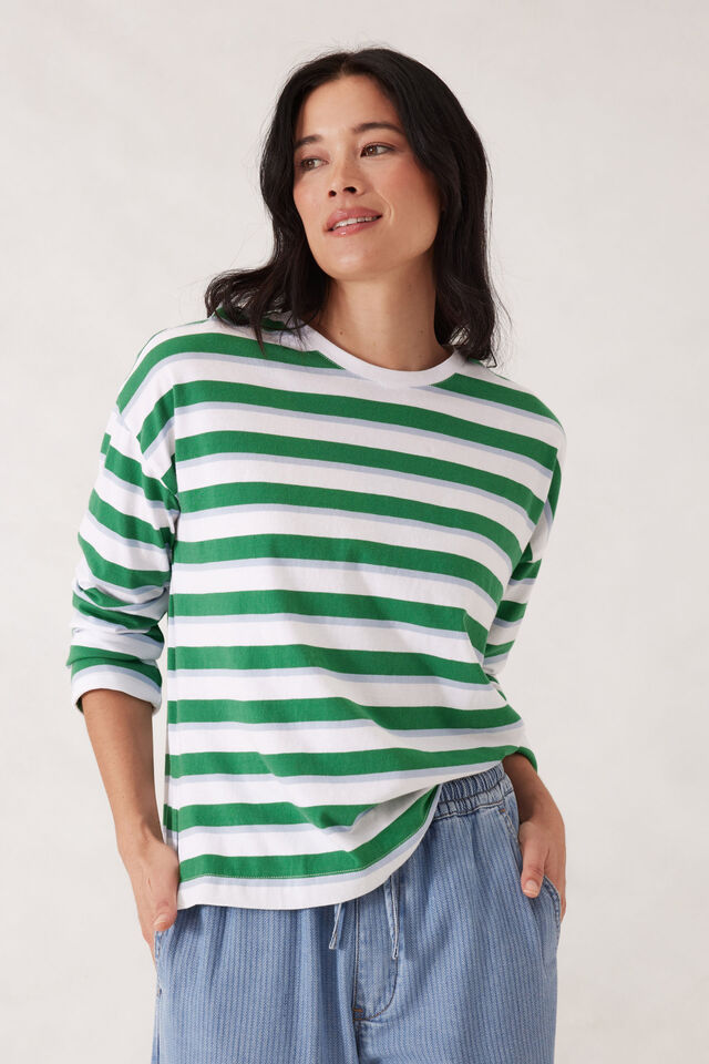 Slouchy Long Sleeve Tee - Kelly Green Stripe
