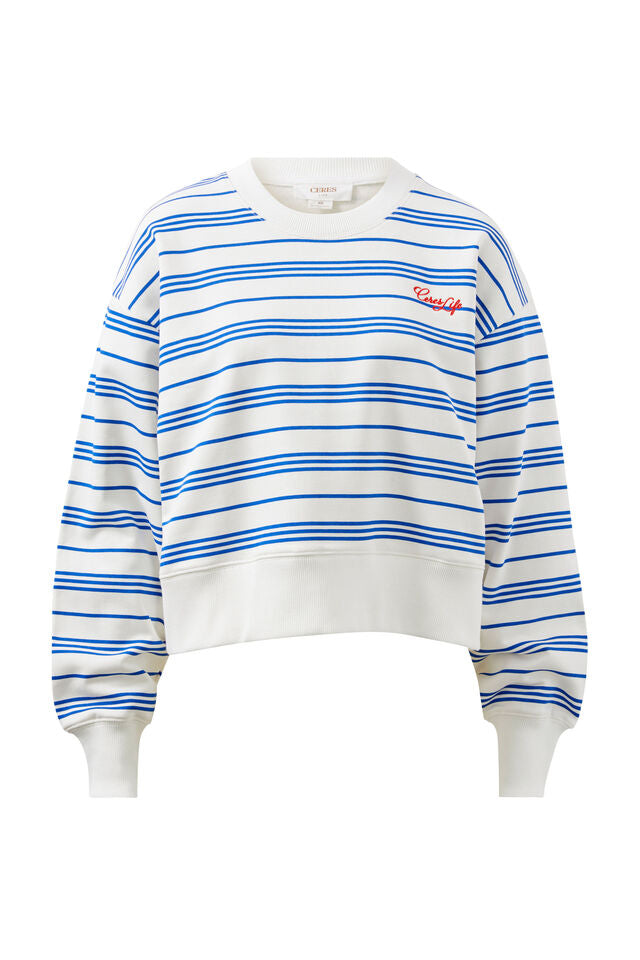Charlie Cropped Slouchy Crew - Warm White Blue Azure Stripe