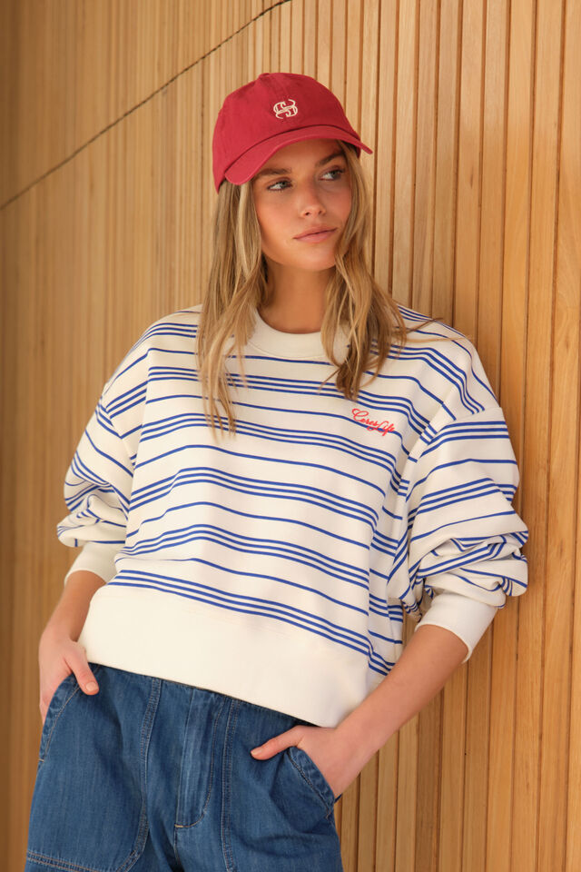 Charlie Cropped Slouchy Crew - Warm White Blue Azure Stripe
