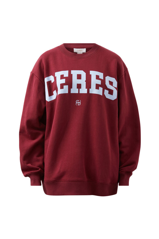 Isla Oversized Slouchy Crew - Burgundy Blue Heritage Logo