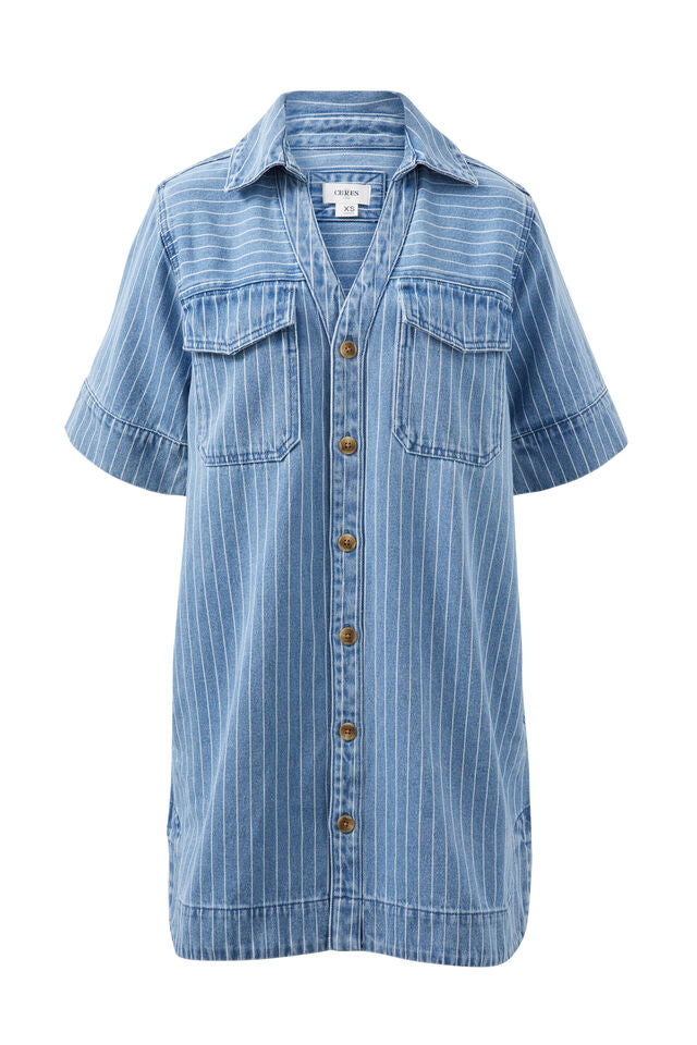 Sammy Relaxed Shirt Dress - Indigo Stripe