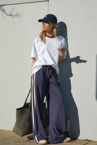 Gigi Wide Leg Terry Trackpant - New Navy Side Stripe
