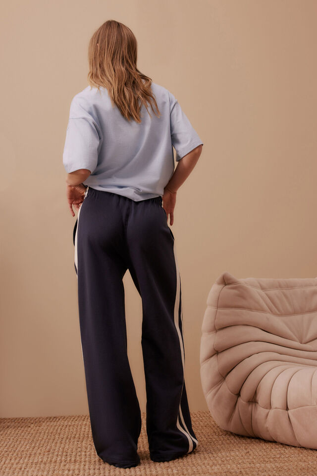 Gigi Wide Leg Terry Trackpant - New Navy Side Stripe
