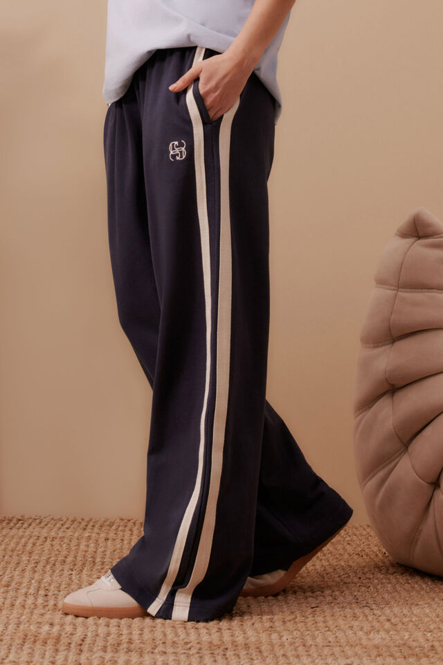 Gigi Wide Leg Terry Trackpant - New Navy Side Stripe