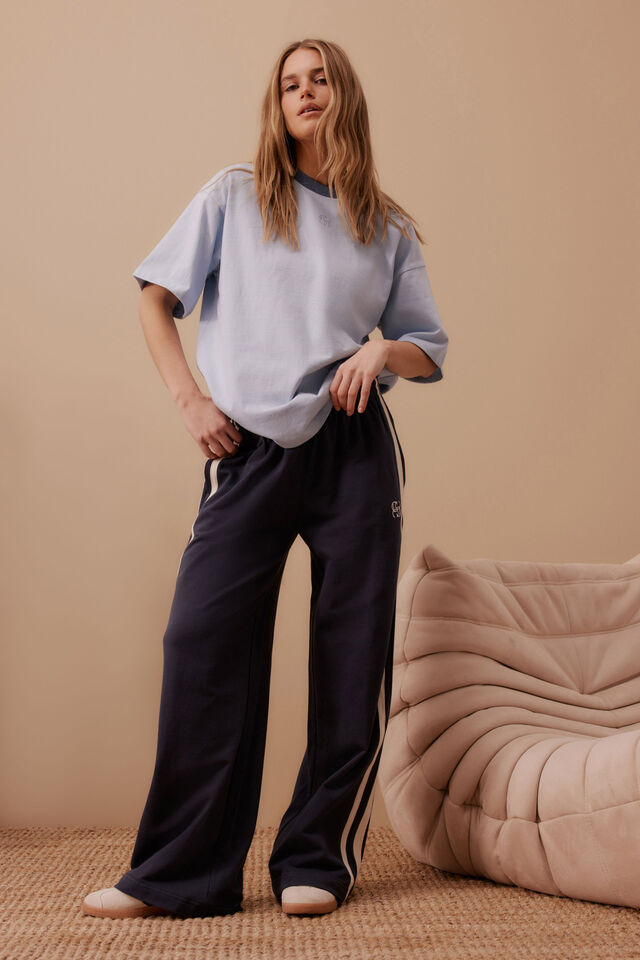 Gigi Wide Leg Terry Trackpant - New Navy Side Stripe
