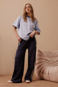 Gigi Wide Leg Terry Trackpant - New Navy Side Stripe