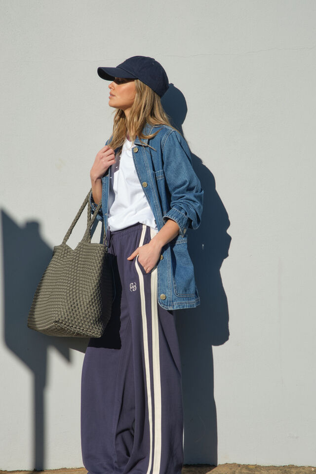 Gigi Wide Leg Terry Trackpant - New Navy Side Stripe