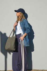 Gigi Wide Leg Terry Trackpant - New Navy Side Stripe