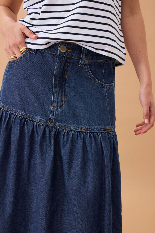 Drop Waist Denim Midi Skirt - Caspian Blue
