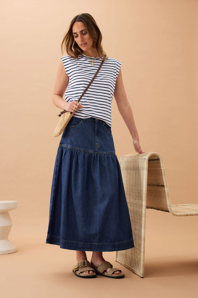 Drop Waist Denim Midi Skirt - Caspian Blue