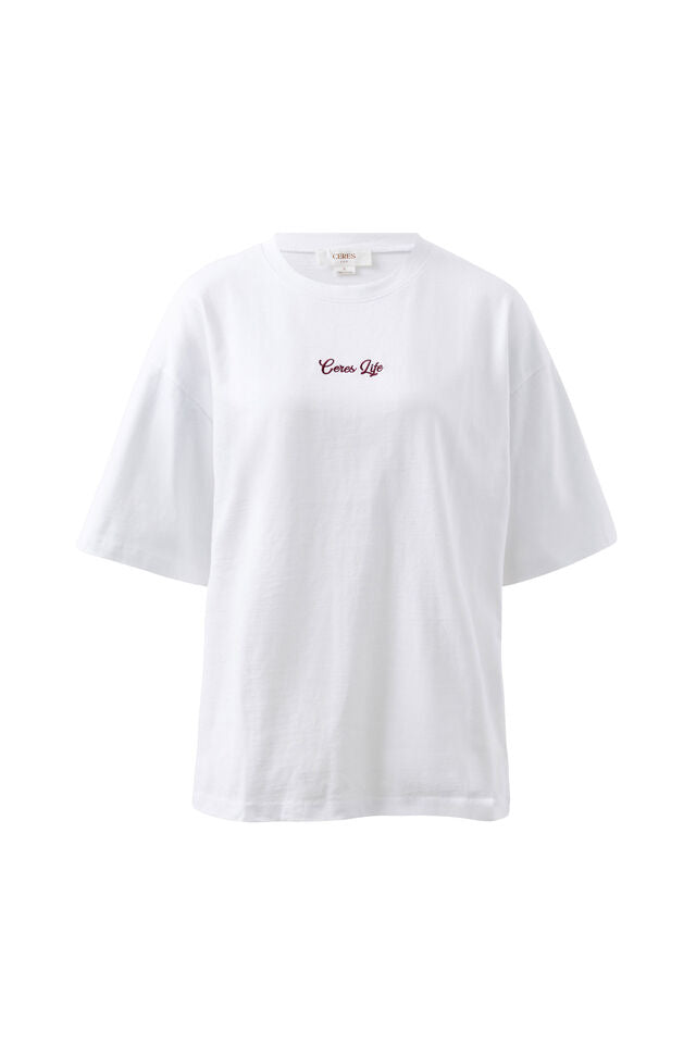 Tully Boyfriend Tee - White/Ceres Script Pomegranate Embroidery