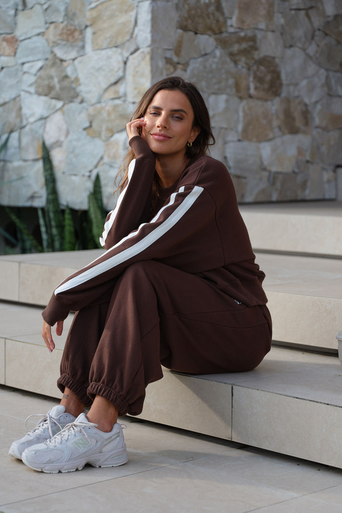 Sasha Sporty Slouchy Crew - Chocolate Side Stripe