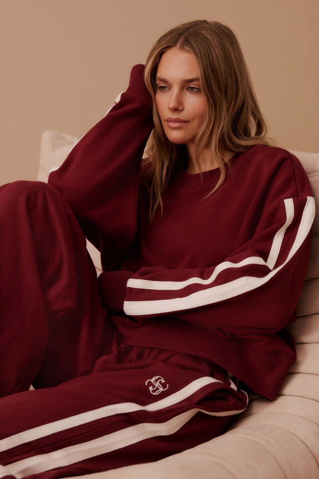 Sasha Sporty Slouchy Crew - Burgundy Side Stripe