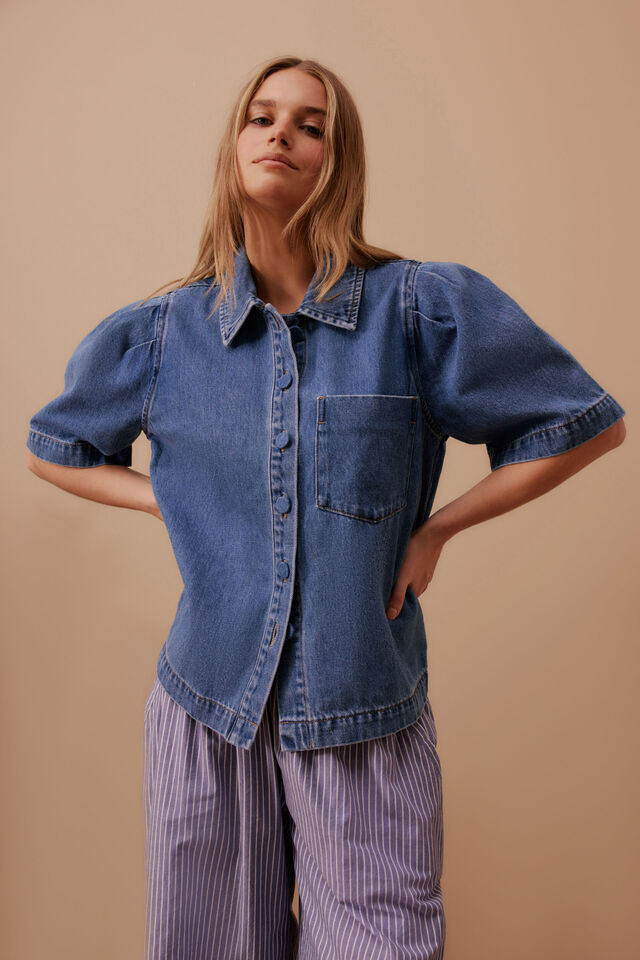 Dylan Pleat Sleeve Denim Shirt - Fresh Indigo