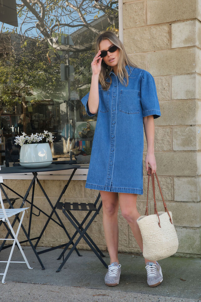 Dylan Pleat Sleeve Boxy Dress - Fresh Indigo