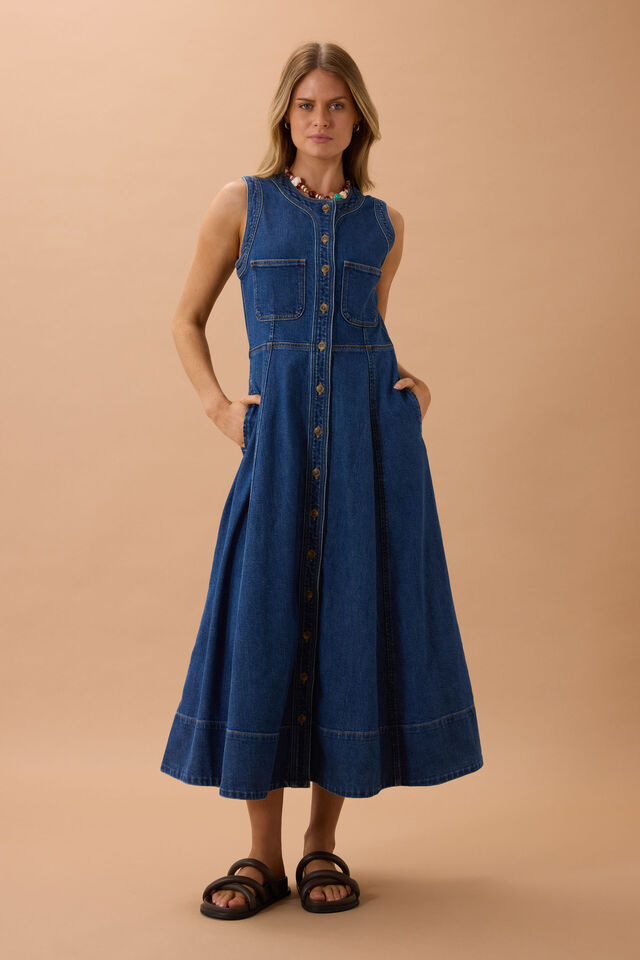 Hazel Sleeveless Midi Shirt Dress - Caspian Blue