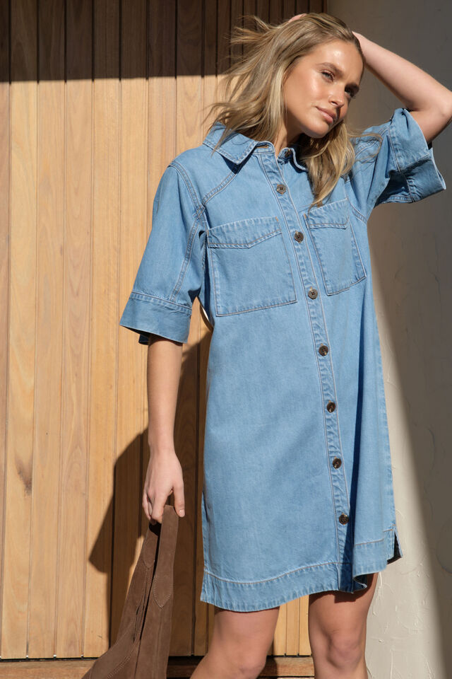 Ava Short Sleeve Mini Dress - Vintage Blue