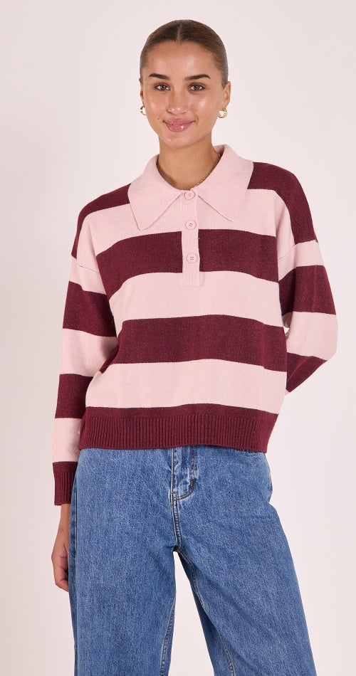 Stefi Rugby Knit - Pink Burgundy Stripe