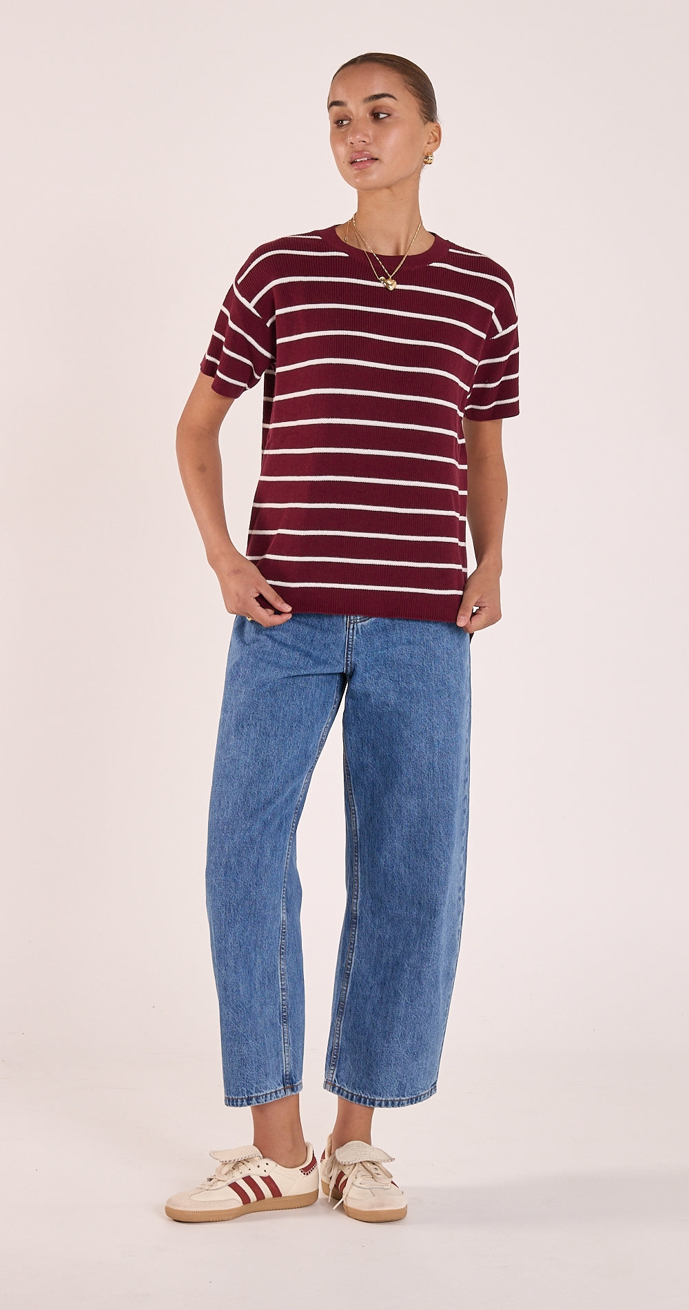 Jasper Knitted Tee - Burgundy White Stripe
