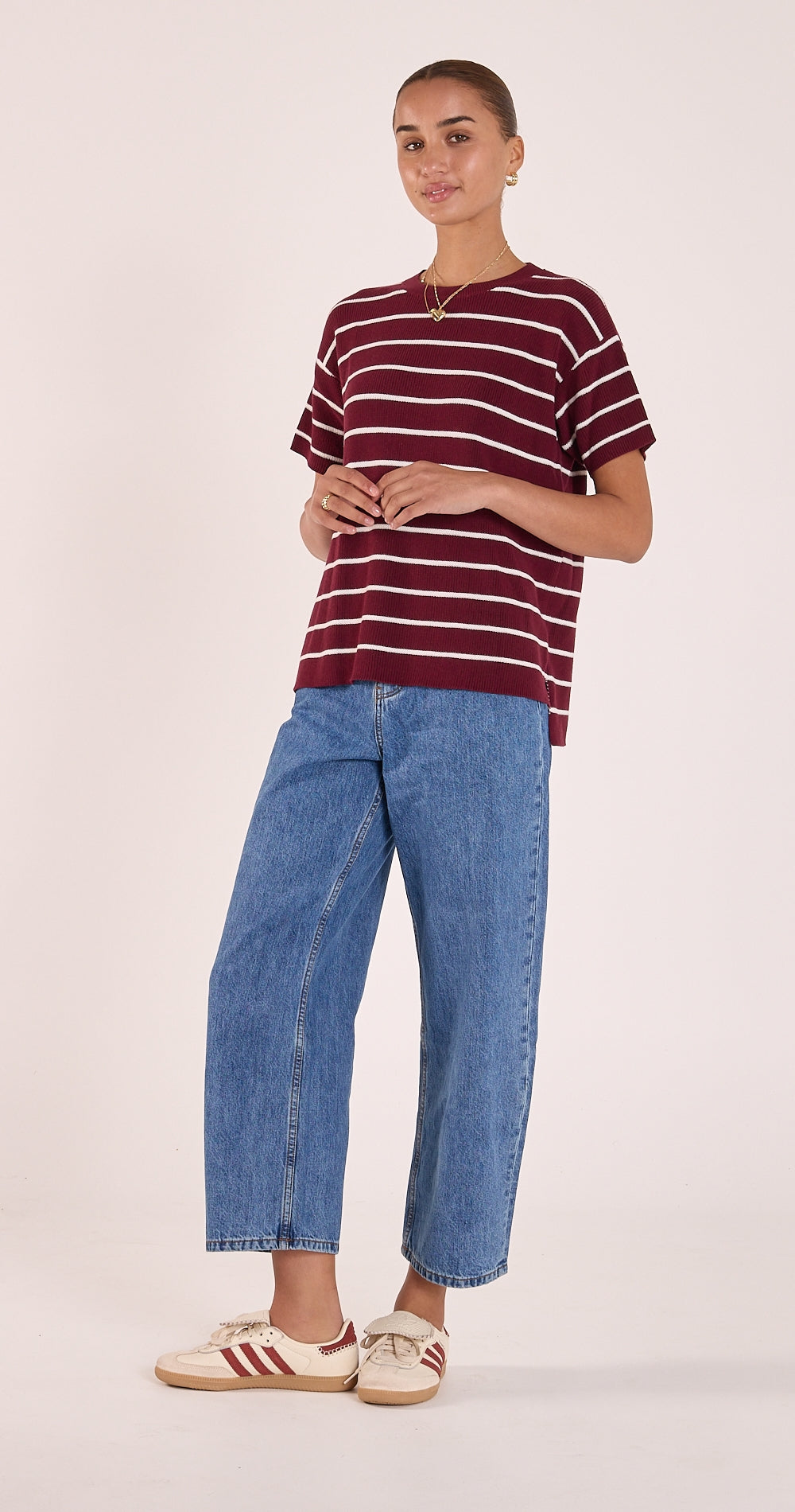 Jasper Knitted Tee - Burgundy White Stripe