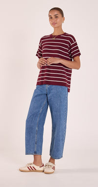 Jasper Knitted Tee - Burgundy White Stripe