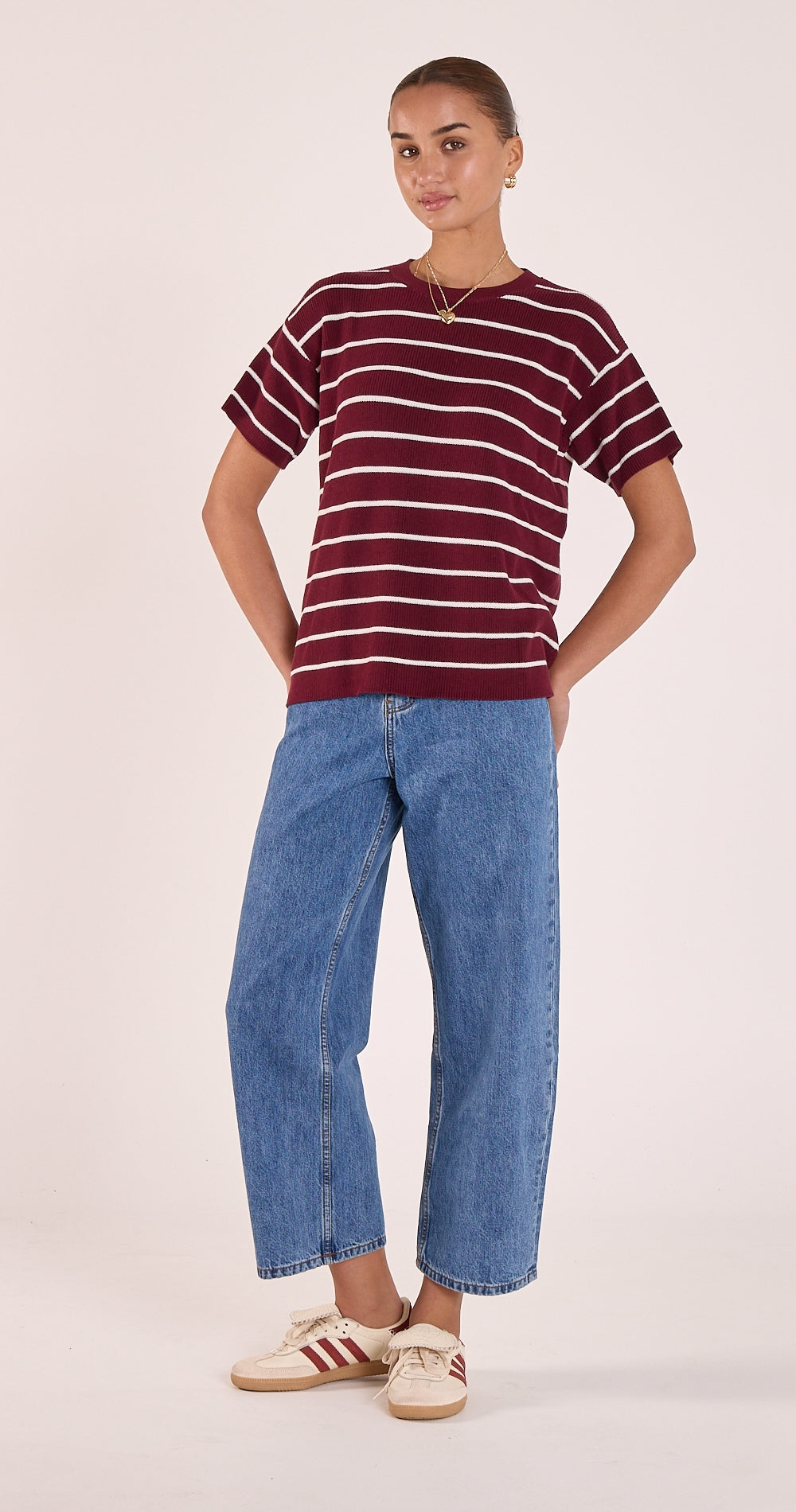 Jasper Knitted Tee - Burgundy White Stripe