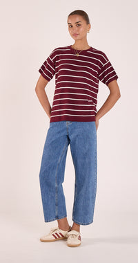 Jasper Knitted Tee - Burgundy White Stripe