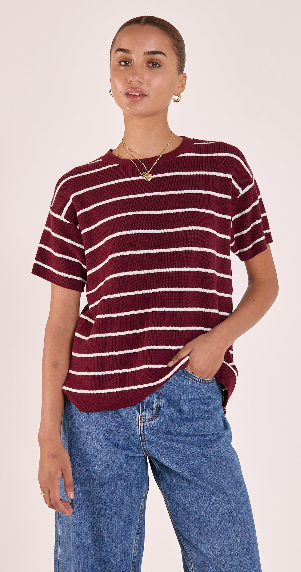 Jasper Knitted Tee - Burgundy White Stripe