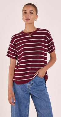 Jasper Knitted Tee - Burgundy White Stripe