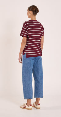 Jasper Knitted Tee - Burgundy White Stripe
