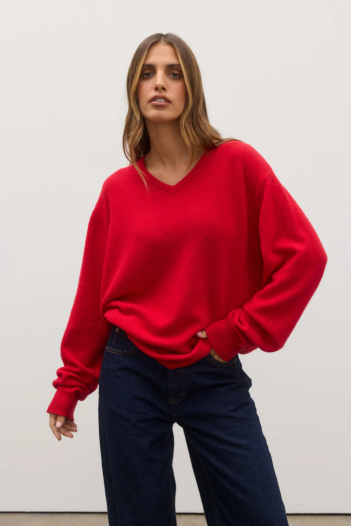 Billie V-Neck Sweater - Cherry Red