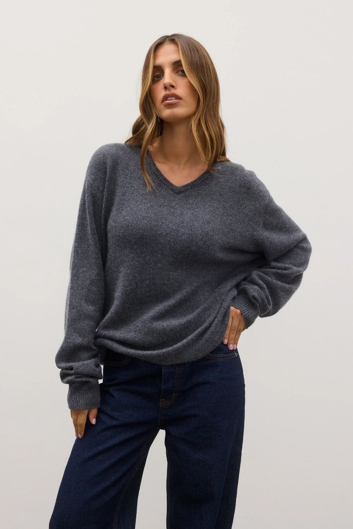 Billie V-Neck Sweater - Dark Heather Grey