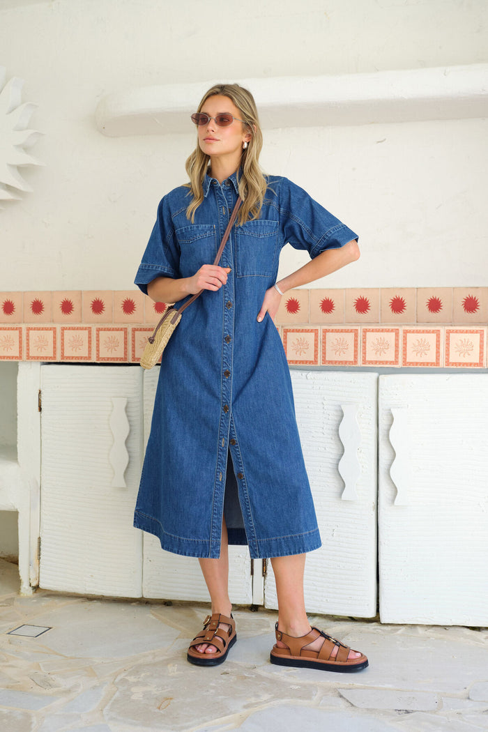 Ava Short Sleeve Midi Dress - Fresh Indigo