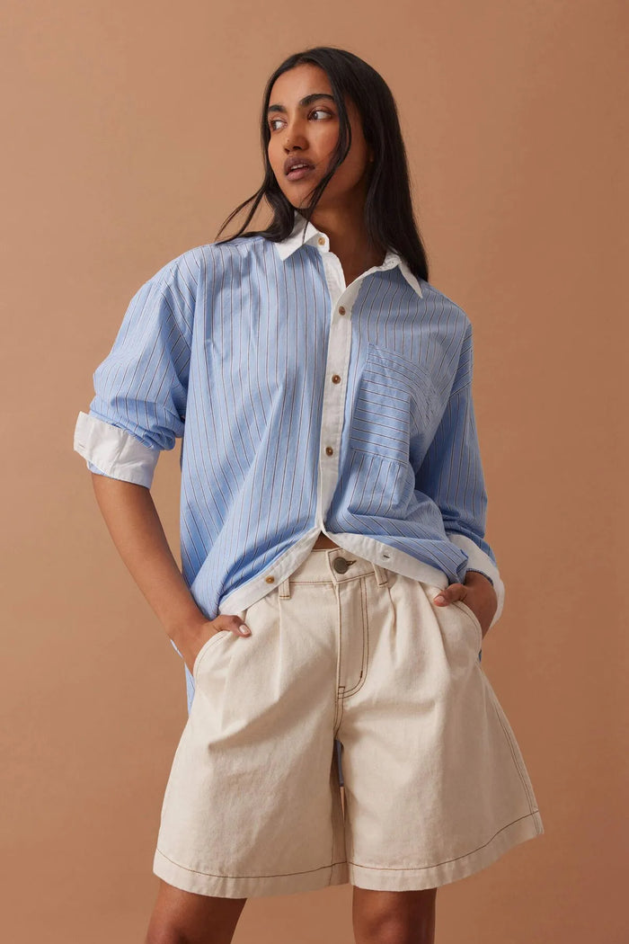 Sylvie Longline Pleat Denim Short - Natural Ecru