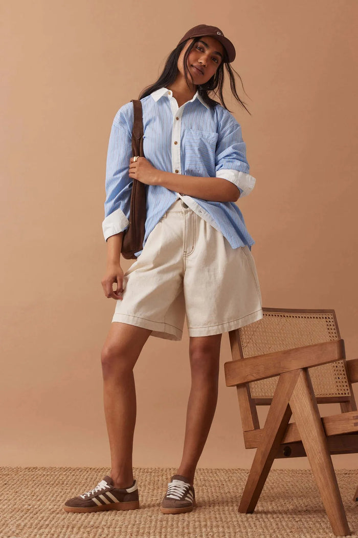 Sylvie Longline Pleat Denim Short - Natural Ecru