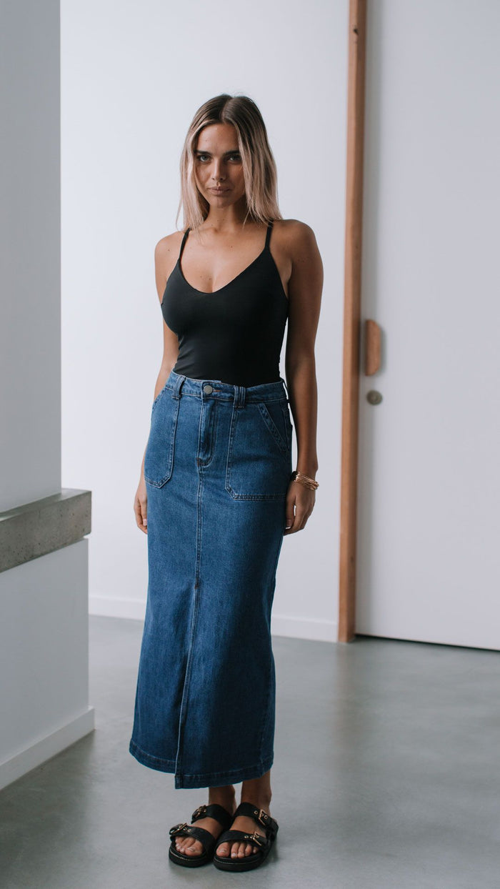 Stretch Split Front Denim Skirt - Mid Blue