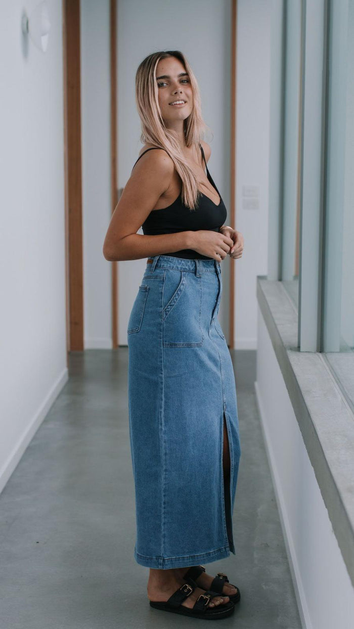 Stretch Split Front Denim Skirt - Light Blue