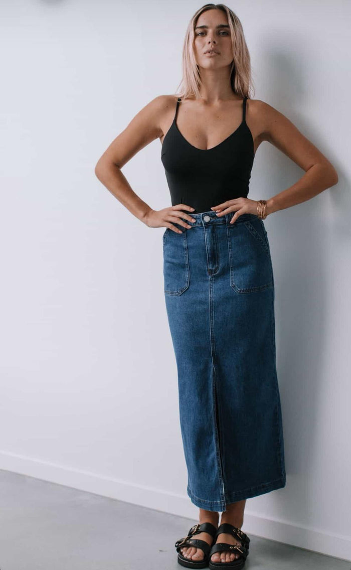 Stretch Split Front Denim Skirt - Mid Blue
