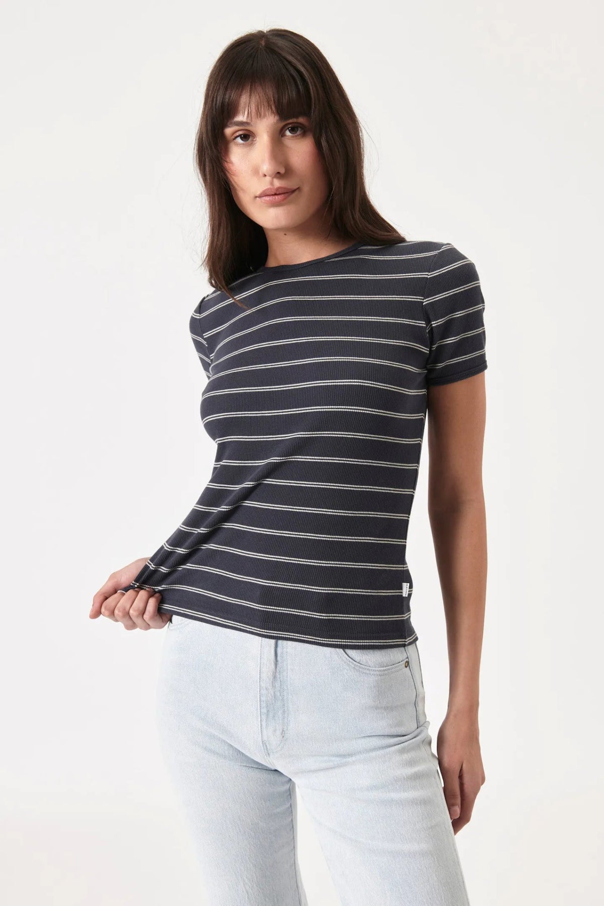 Alex Stripe Baby Rib Tee - Faded Black - Sare StoreRollas JeansTops