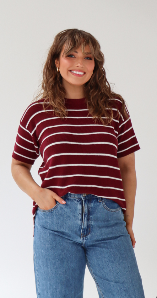 Jasper Knitted Tee - Burgundy White Stripe