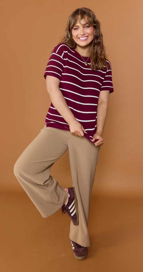 Jasper Knitted Tee - Burgundy White Stripe