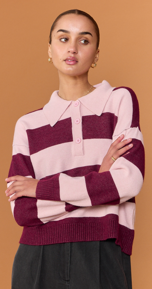Stefi Rugby Knit - Pink Burgundy Stripe