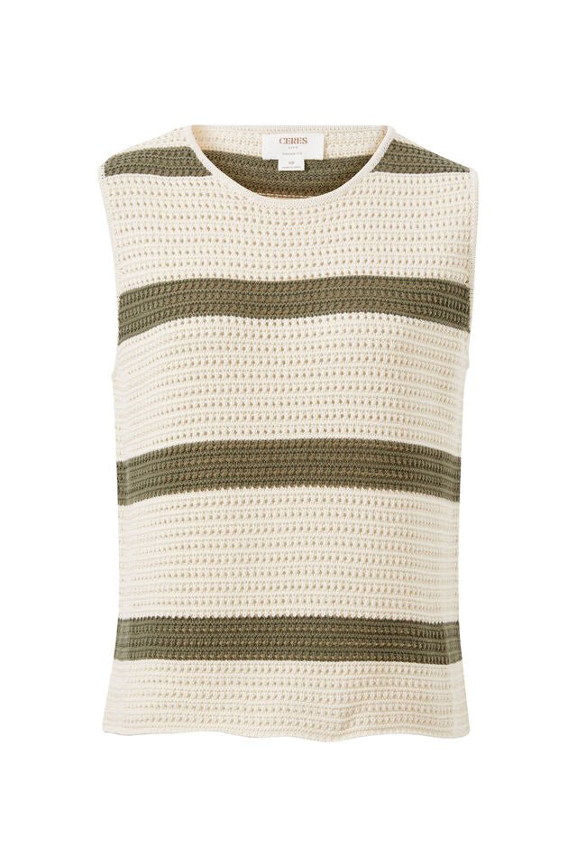 Mesh Knit Tank - ECRU - Soft Olive Stripe - Sare StoreCeres LifeTops