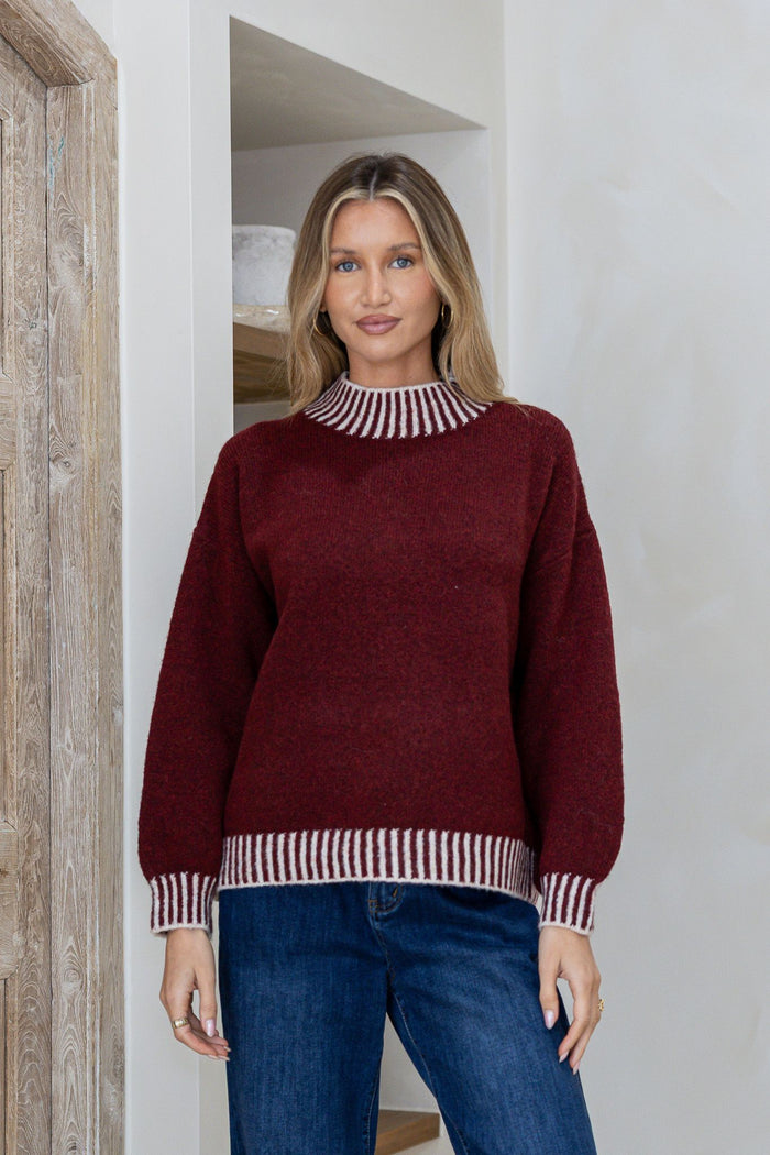 Tilly Blanket Stitch Knit - Wine/Latte