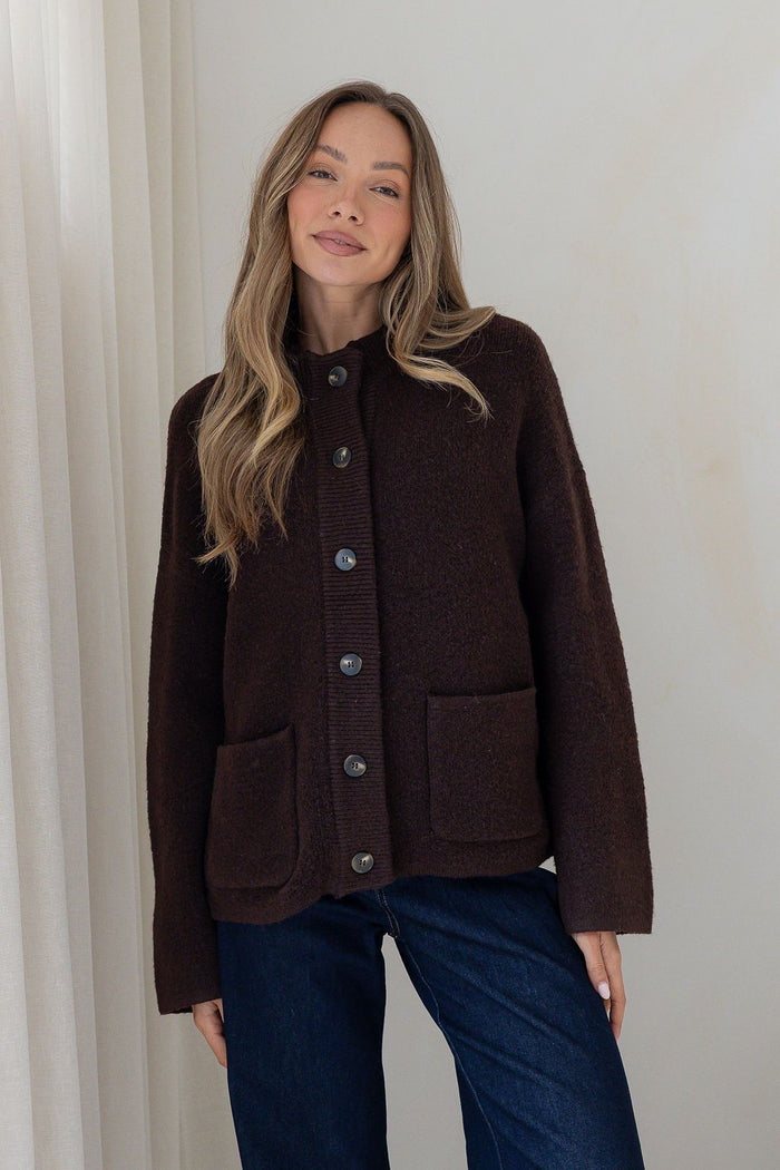 Funnel Neck Pocket Cardi - Chocolate