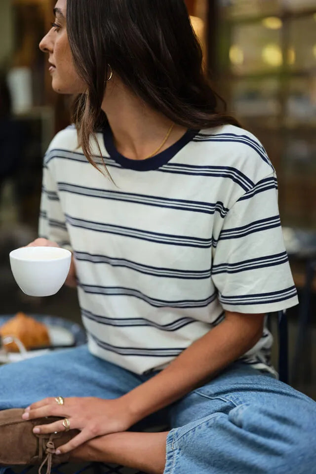 Stevie Slouchy Tee Milk/Heritage Navy Stripe